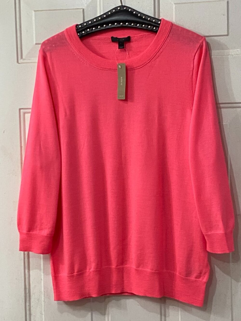 NWT J.Crew Sz L Women's Merino Wool Sweater Pullover Neon Pink 3/4 Sleeve